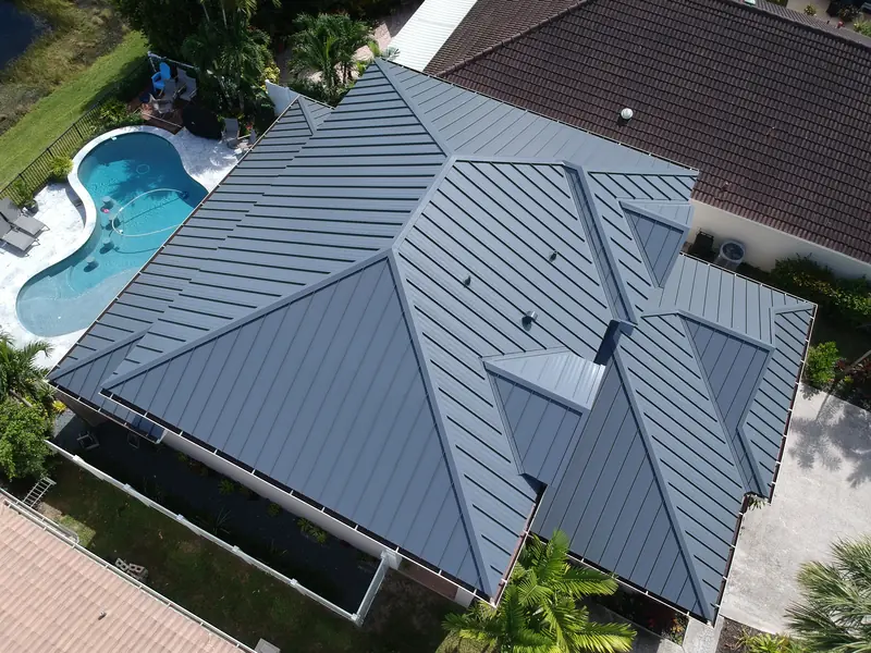 Metal roof replacement by Mompie Construction in Palm Beach County - aerial drone view